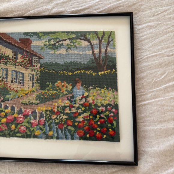 Vintage Framed Large English Cottage Garden Cross Stitch - Picture 2 of 5